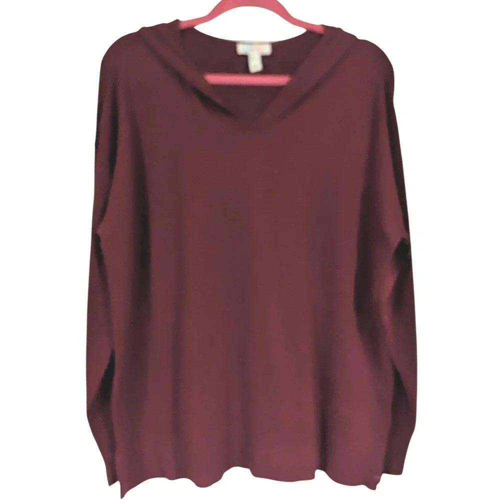 Denim & Co Hooded Sweater Large Burgundy V-Neck Knit Pullover Cozy Casual